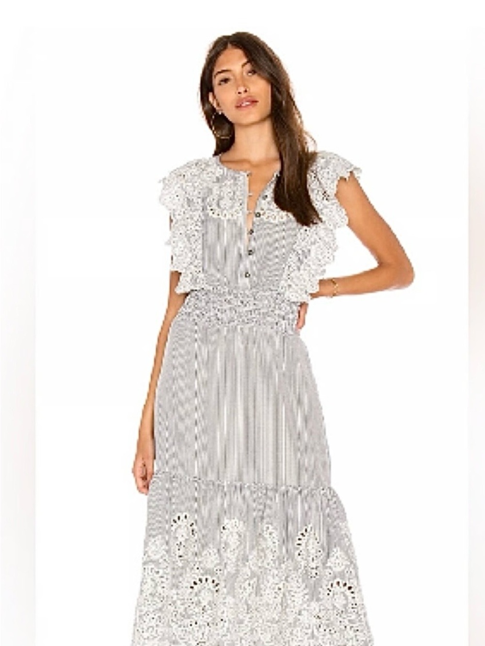 SAYLOR Black & White Striped Eyelet Midi Dress with Ruffle Shoulders